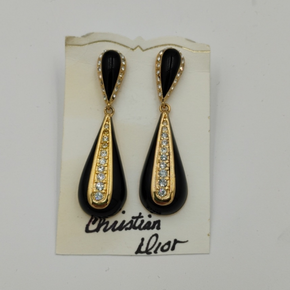 Vintage Christian Dior Black Enamel Gold Tone Rhinestone Teardrop Post Earrings